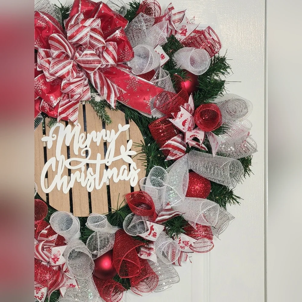 Festive Merry Christmas Wreath - Red, White, Silver
